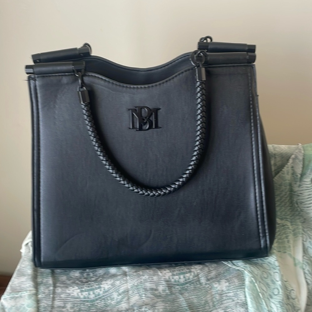 Badgley Mischka Black Leather Satchel with Braided Handle